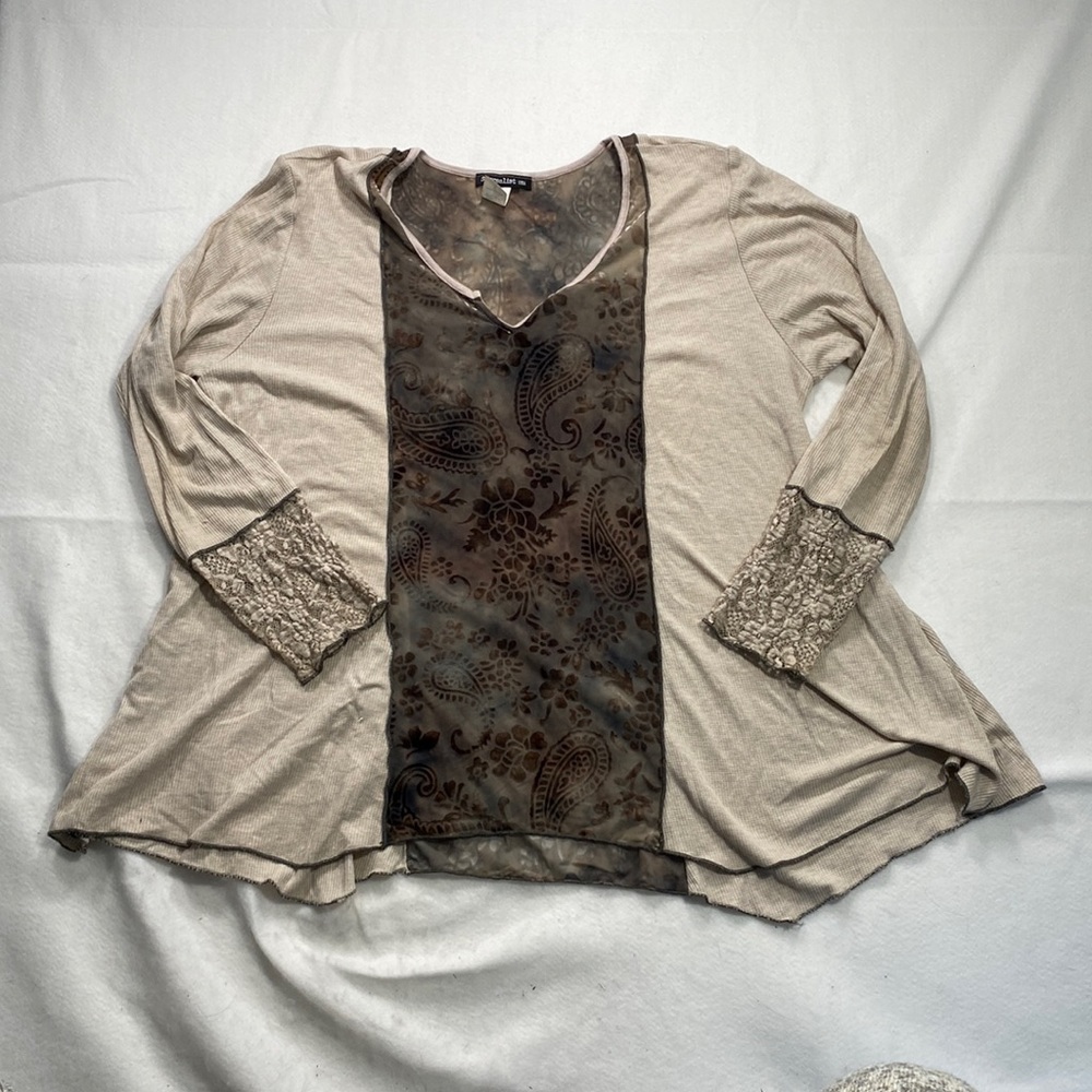 Surrealist USA Long Sleeve Blouse Shirt Brown Tan Womens Size 3 Large L XL Boho
